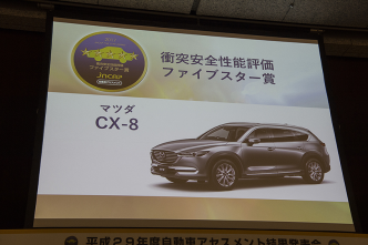「マツダ CX-8」が、平成29年度のJNCAP＊1自動車アセスメントにおいて、「衝突安全性能評価ファイブスター賞」を受験車中、最高得点＊2で受賞